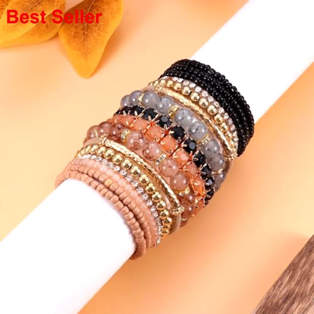 Multi-Color Layered Stackable Natural Beaded Bracelets Adjustable Stretch - Picture 3 of 7